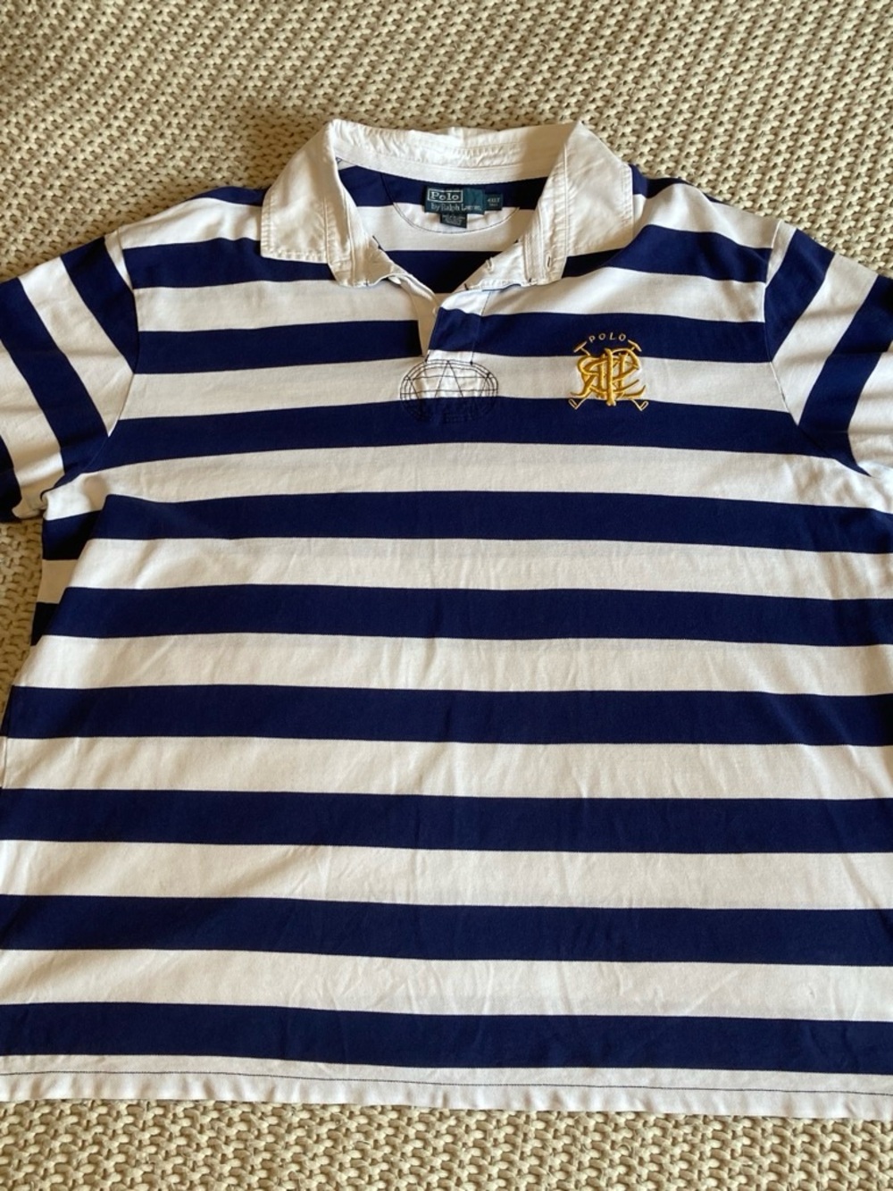 Ralph Lauren Navy & White Striped Polo Shirt with Gold Crest